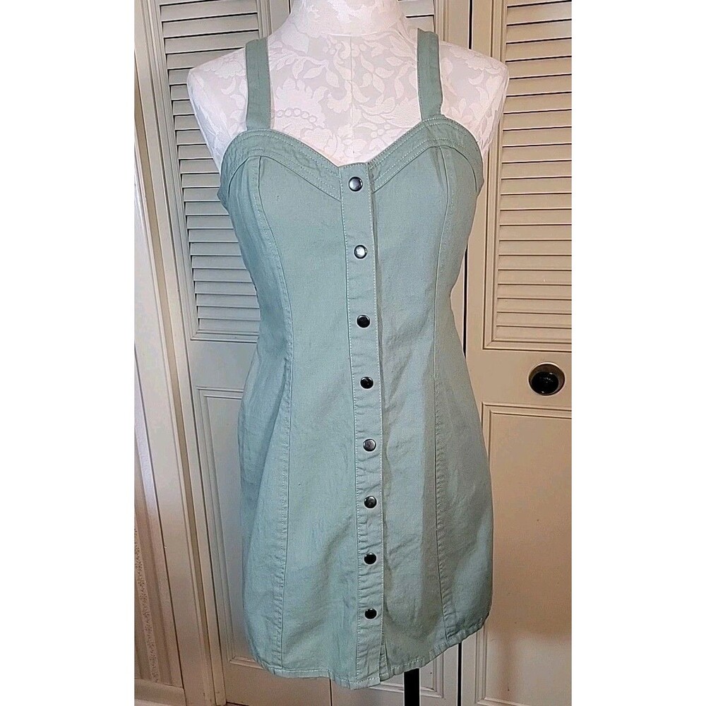 Japna 100% Cotton Denim Sz L Snap Front Mini Dress Preppy Peasant Summer Vacatio